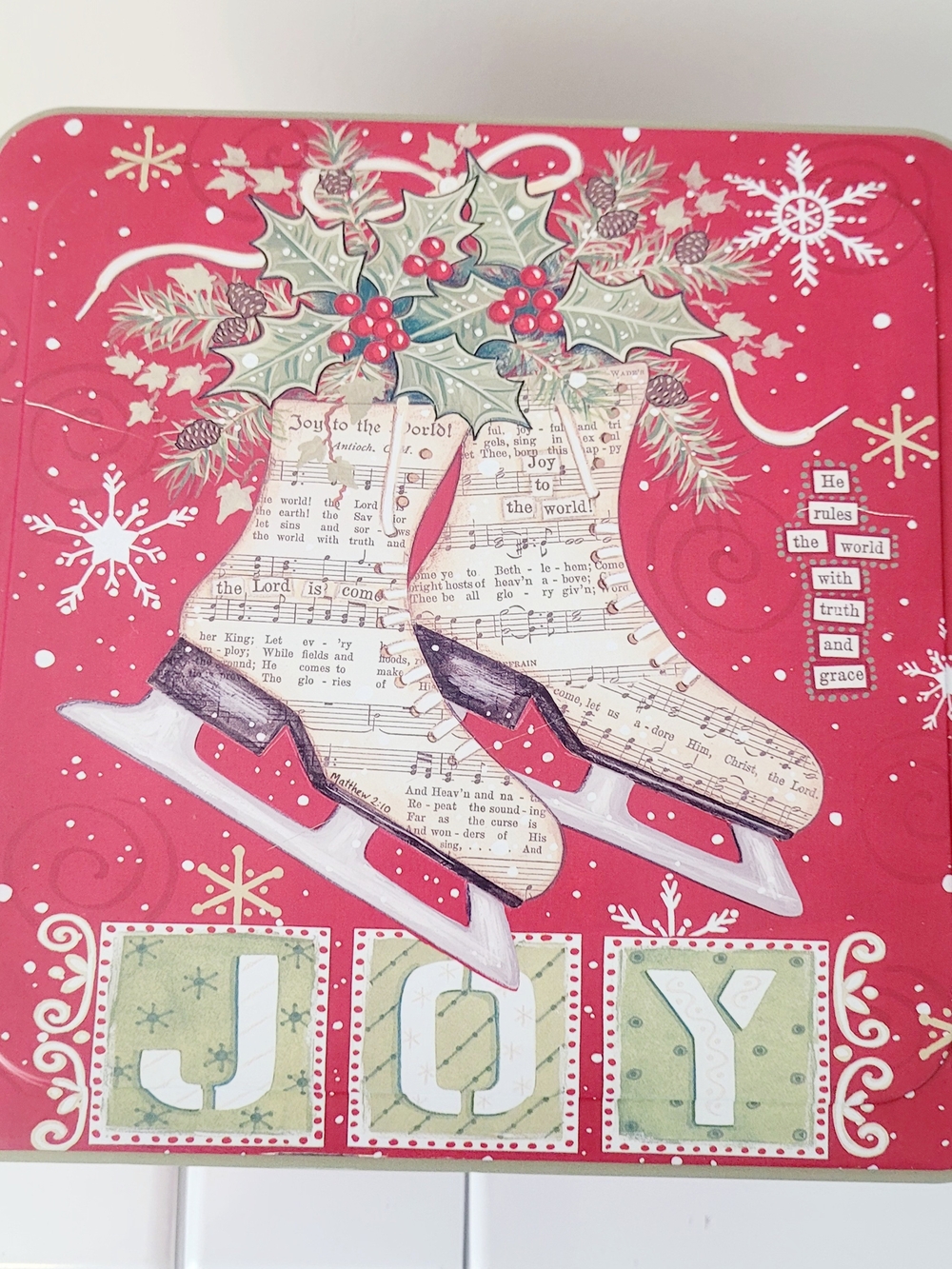 Holiday Joy Decorative Tin Box - Red White Skates Design